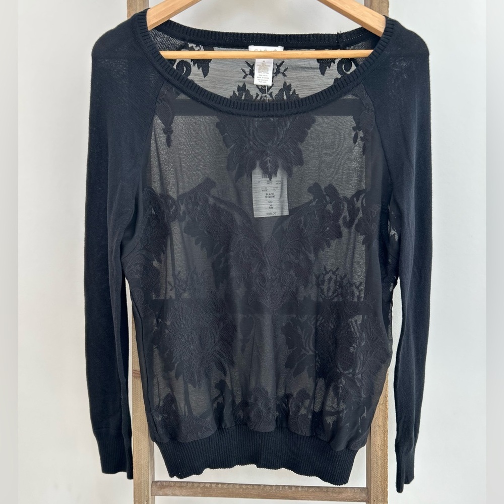 Cache Black Floral Embroidered Sheer Mesh Knit Long Sleeve Top Vintage XS NWT